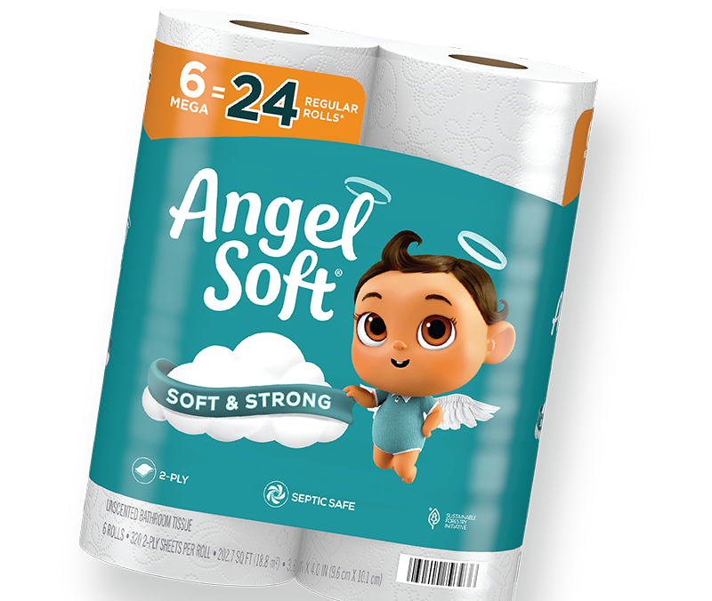 Pack of Angel Soft Soft and Strong bathroom tissue.