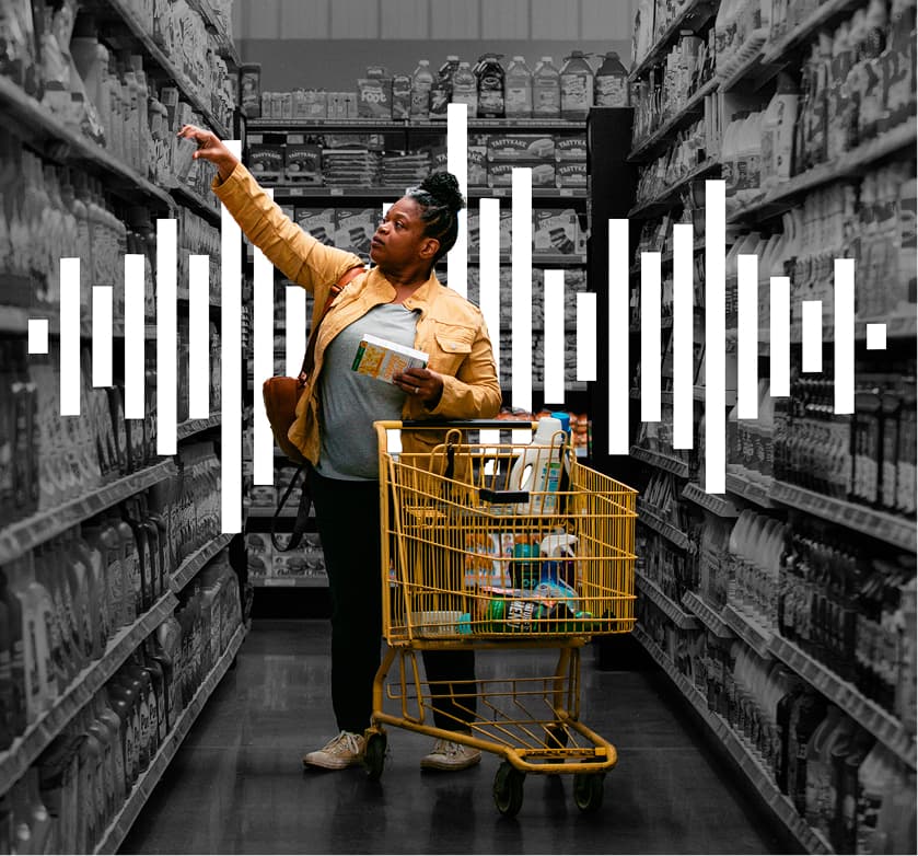 DG in-store radio network woman shopping with audio waves